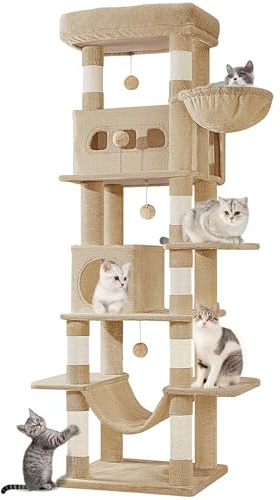 Hzuaneri 170 cm Grand Arbre à Chat, avec Grand Perchoir, Marron Camel | Tour à Chat pour Chats D'intérieur, Tapis Lavable, 2 Niches Chats, 8 Griffoirs, Hamac, Pompons, MS17018LC
