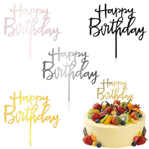 4PCS Happy Birthday Cake Topper Set, Acrylic Birthday Cake Decorations for Women and Men Cupcake Topper Cakes Supplies Decorations (Gold, Silver, Black, Rose Gold)