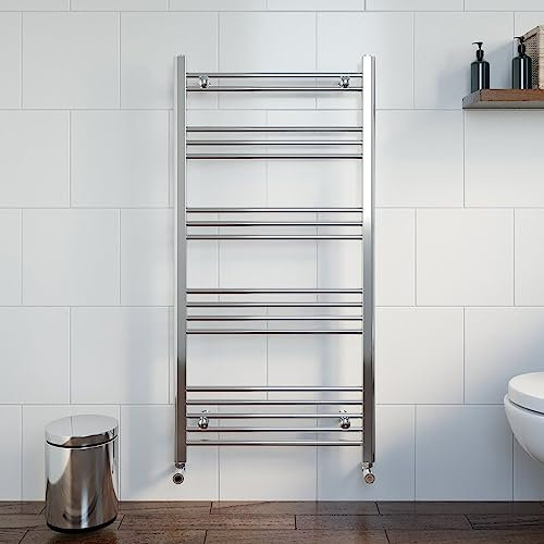 DuraTherm® 1200 x 600mm Flat Straight Heated Towel Rail Radiator Modern Central Heating Bathroom Warmer Wall Mounted Ladder Rad, Polished Chrome
