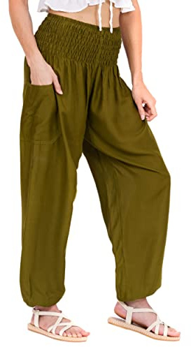 LOFBAZ Harembyxor för kvinnor Yoga Boho Hippiekläder Dam Palazzo Bohemian Pyjama Beach Indian Gypsy Genie Kläder Solid 1 Mörkgrön L