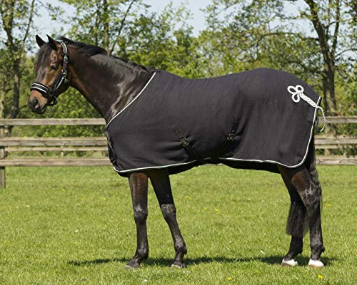 QHP Fleecedecke Abschwitzdecke Brustlatz Ornament Kontrast-Einfassung Kreuzgurte (115 cm, Schwarz/Silber)