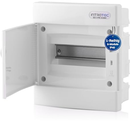 Intratec Sicherungskasten Unterputz 1 reihig – Unterputz Verteilerkasten IP40 für 8 Module mit weißer Tür und Hutschiene für einfache Elektroinstallation Zuhause & Gewerbe – 232 x 211 x 99mm