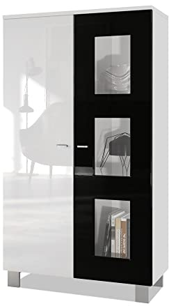 Vladon Vitrine Denjo, Made in Germany, Standvitrine mit 2 Türen und 3 Glaseinsätzen, Weiß matt/Schwarz Hochglanz (71 x 129 x 35 cm)