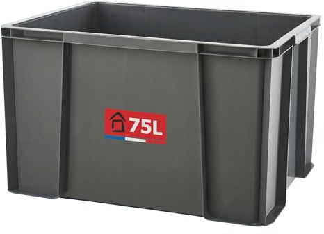 SUNDIS Master Box – 75 L återvunnen plastförvaringsbehållare – robust och förstärkt, rak vägg, stapelbar, kombinerbar, perfekt för verkstad, pyssel eller transport