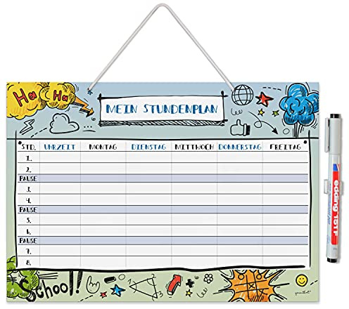 younikat Stundenplan abwischbar zum Aufhängen Doodle Bunt - dv973 | wiederbeschreibbar, Digitaldruck, Whiteboard-Oberfläche, mit Aufhängung, zum Schulanfang, Einschulung, inkl. Stift