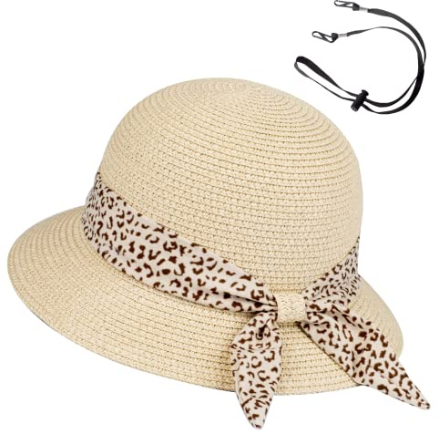 Girls Sun Straw Hat Kids Summer Beach Packable Hats Beige Cute Floppy Wide Brim UV Protection Cap Adjustable Size with Chin Strap for Toddler Baby Childrens Little Girl Ages 5 6 7 8 9 10 Years