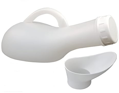 ASPIRE UK Weiße tragbare Urinflasche mit weiblichem Trichter auslaufsichere wiederverwendbare Urinflasche mit Griff Unisex Toilettenhilfe für Männer und Frauen
