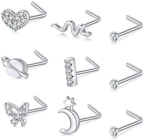 Mayhoop 20G Piercing Naso Acciaio Chirurgico a Forma di L con Cuore Fiore Farfalla Serpente Opale CZ Piercing Naso 9 Pezzi per Donna Uomo Argento