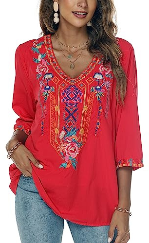 Seasonal Hauts brodés bohème mexicaine pour femmes été Boho chemises hippie paysanne à manches 3/4 col en V blouses tunique, L