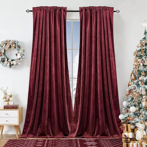 Dchola Wine Red Velvet Curtains for Bedroom Window, Super Soft Vintage Luxury Heavy Drapes, Room Darkening Rod Pocket Curtain for Living Room, W52 by L90 inches, 2 Panels