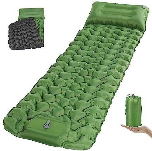 TENQUAN Isomatte Selbstaufblasend, Luftmatratze Selbstaufblasend 9CM Selbstaufblasbare Luftmatratze Campingmatratze mit Fußpumpe und Kopfkissen, Ultraleicht Aufblasbare Isomatte Outdoor(Grün/Grau)