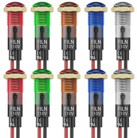 FILN 10PCS Small 110V LED Indicator Light, 8mm (5/16) IP67 Waterproof Low Power Pilot Lights Panel Mount for Car, Truck, Boat, Marine, Dash(110v, Red/Green/Yellow/Blue/White Each 2PCS)