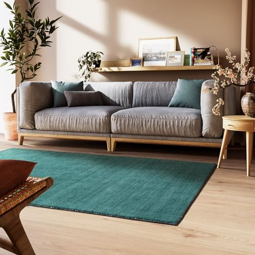 Steffensmeier Gabbeh Teppich Nomade | Wolle (Schurwolle), Türkis, Größe: 130x190 cm Kurzflor für Wohnzimmer, Flur, Ethno Look