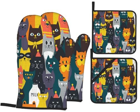 Gearsly Ofenhandschuhe und Topflappen, 4er-Set, Katzen, niedliche Cartoon-Tier-Ofenhandschuhe, hitzebeständige Pads, rutschfest, wasserdicht, für Küche, Backen, Kochen, Grillen