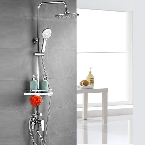 DELURA Colonna Doccia con Miscelatore, Colonna Doccia Esterna, Colonna Doccia con Soffione e Doccetta, Altezza Regolabile Doccia Soffione Colonna