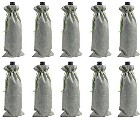 KONMAY 10 Stück Grün Weintasche mit Kordelzug, 15x35cm Jute Weinbeutel, Wiederverwendbare Sackleinen Wein-Geschenkbeutel, Weinflaschenbeutel, Weinbeutel für Hochzeit, Party, Blindverkostung
