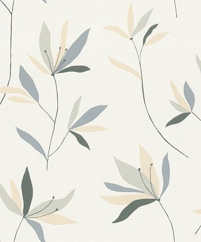 Rasch tapeter 634075 – fibertapet med blommor i beige, grönt och blått från kollektionen Color your life – 10,05 m x 0,53 m (L x B):