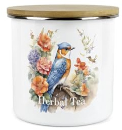 Purely Home Nuthatch Bird Herbal Tea Storage Canister - Floral Gift for Bird Lovers - Metal/Enamel Medium Kitchen Hot Drinks Storage Container