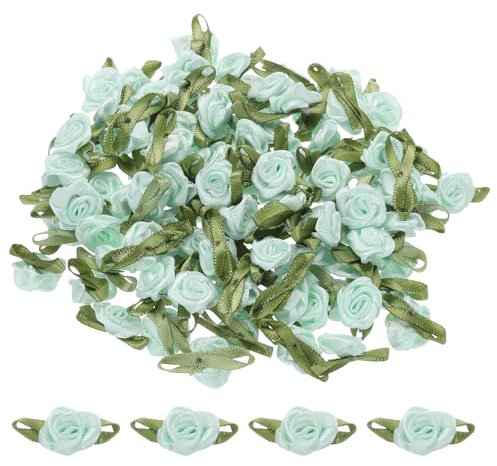 QUARKZMAN 100pz Rose in Nastro Verde Chiaro 5/8 x1-3/16 Mini Rose per Artigianato Piccoli Fiocchi di Raso Rose Fiori Artificiali