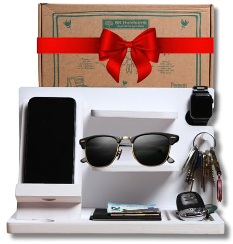 PEGSEN Organizer für den Nachttisch in Weiß - Aufbewahrung für Schmuck & Schlüssel - Uhrenhalter - Schreibtisch Organizer aus Holz mit Handyhalterung - Telefon Docking Station
