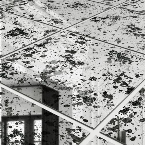 funlife 3D Vintage Mirror Effect Wall Panels, Rusty Faux Antique Mirror Tiles, Ink Splash and Stain Square 6PCS