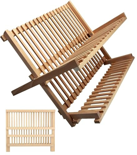AOC24 - Large Folding Dish Drainer - Wooden 2 Tier Dish Drying Rack, Foldable Beechwood Drainer - Kitchen Counter Top Rack Space Saving - Fold Dish Drying Rack Cups Plates Holder - 35 x 40 x 30 cm