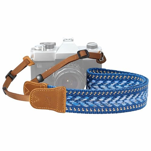 Padwa Lifestyle Speed Blue Camera Strap - 1.5 Soft Cotton Rope Weave Crazy Horse Cowhide Head Camera Straps for Photographers and All Cameras,Cute Adjustable Vintage Woven Strap for Adults & Kids