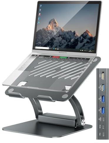tounee Laptop Stand with Detachable USB-C Hub, 100W PD Charging, 4K@60Hz HDMI, 3 USB Ports, Ergonomic Laptop Holder Docking Station for 10-17 Laptops, MacBook & More (Gray)