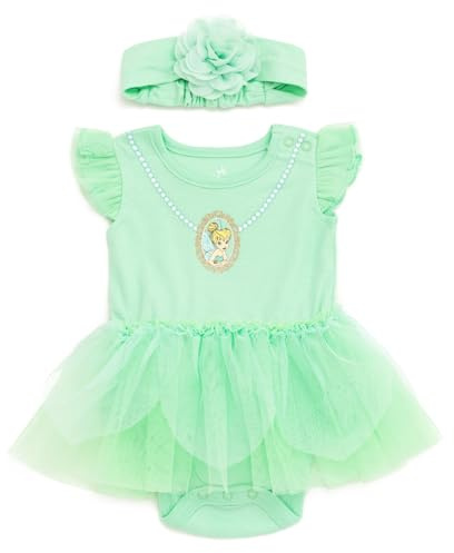 Disney Princess Baby Bodysuit with Skirt and Headband, Newborn to Baby (0-24 Months), Spring Green, Tinkerbell, 3-6 Months