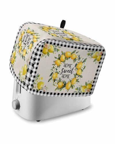 Summer Lemon Toaster Cover 2 Slice, Farmhouse Black Check Dustproof Bakeware Oven Protector with Top Hook, Plaid Vintage Waterproof Small Kitchen Appliance Toasters Dust Cover, 12x7.5x8