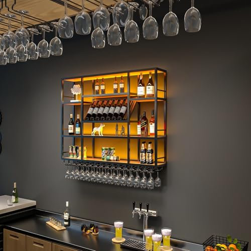 Grand casier à vin Mural en Fer avec lumières LED,Étagère Verticale Industrielle pour Le Rangement De Meuble Alcool,Range Bouteille pour Cave À Vin,Bar,Maison,Cuisine,Or/Noir(A,47in)