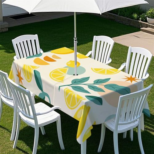 Chickwin Tovaglia da Esterno con Foro per Ombrellone e Cerniera, Stampa 3D Tovaglia Rettangolare, Antimacchia, Lavabile, Resistente per Tavolo da Giardino, BBQ, Feste (Fiore di limone 2,210x150cm)