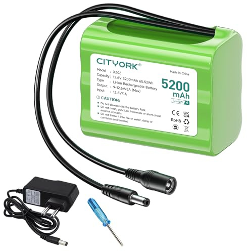 CITYORK Batería de iones de litio recargable de 12,6 V, 5200 mAh, para videocámaras, reproductores MP3, tiras LED y más