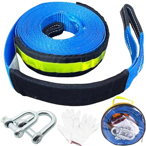 CHSG Tow Rope 5M x 5CM, Tow Strap Car Kit with 2 Reinforced Shackles and 2 Protective Gloves, Winch with Safety Hooks - Tow Rope Heavy Duty, Cars, Vans, Boats - 8 Tons (5 Metres)