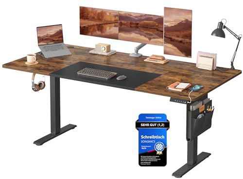 SONGMICS Höhenverstellbarer Schreibtisch 180 x 80 cm | Schreibtisch höhenverstellbar elektrisch, USB-C-Anschluss, Memory-Funktion mit 4 Höhen, vintagebraun-mattschwarz LSD028KD01