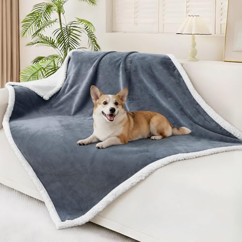 Smiry Waterproof Blanket Throw for Large Dogs, Soft Reversible Dog Blanket for Sofa Couch Bed, Washable Leakproof Sherpa Fleece Furniture Couch Protector(50x60, Grey/White)