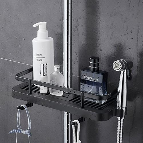 Étagère de douche réglable sans perçage pour savon et shampooing Noir Rond avec crochets pour tringle de douche Idéal pour un usage domestique