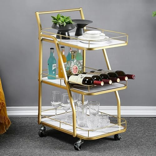 Drinks Trolley, 3-Tier Modern Bar Cart with Wheels, Rolling Serving Trolley with Storage Shelf for Home, Kitchen, Living Room (Gold)