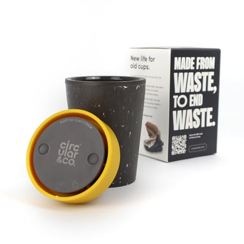 Circular&Co 8oz / 227ml Reusable Coffee Cup – Made from Recycled Paper Cups – Leakproof, Lockable Small Travel Mug, BPA Free – Grey & Mustard Yellow – Made in the UK