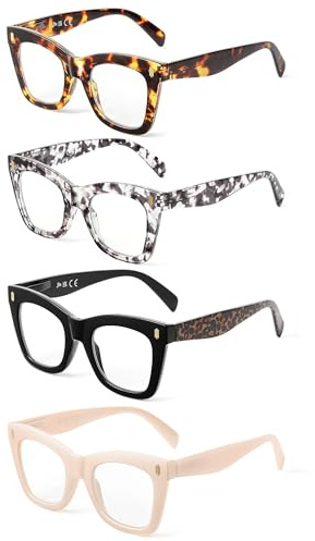 JM 4 Pack Gafas de Lectura para Mujer, Cuadrado Moda Grande Ojo de Gato Gafas Presbicia Luz Azul Lectores +2.5