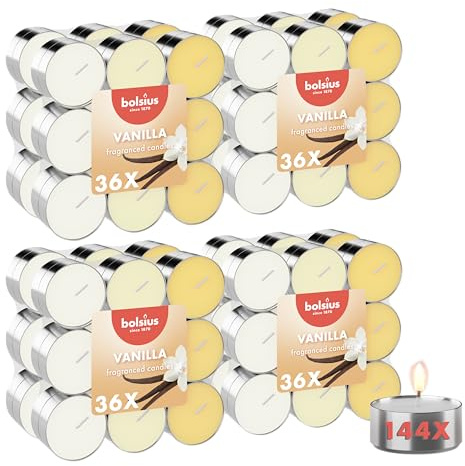Bolsius - Candeline profumate - 144 pezzi - Vaniglia - 3 ore - estratti naturali