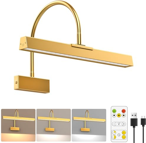 Hudyogy Bilderrahmenleuchte mit Fernbedienung, Kabellos 16 Zoll Gold Kunst Licht, Batterie Bilderleuchten mit 3 CCT, Dimmbar und Timer Wandbilderleuchten für Malerei, Wand, Galerie, Kunstwerk, Rahmen