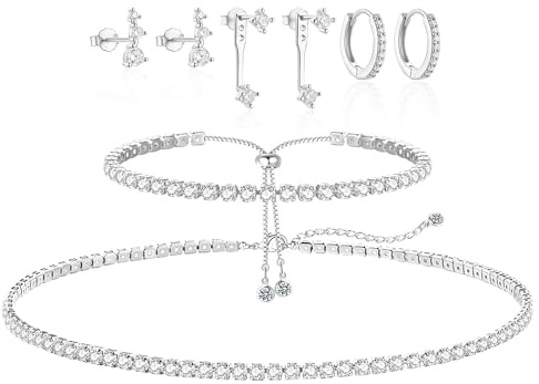 Tennis Necklace Bracelet for Women Silver Necklace Bracelet Earrings Jewelry Set for Women Party Prom Wedding Jewelry for Bride Bridesmaids Cubic Zirconia Tennis Choker Necklace Link Bracelet Stud Earrings Jewelry Set Accessories