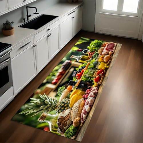 Grün Teppich Läufer Flur Küche Obst und Gemüse rutschfest Waschbar Lang Küchenläufer Küchenteppich Teppich für Eingangsbereich Wohnzimmer Schlafzimmer 60 x 180 cm