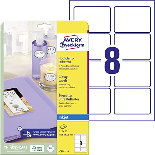 AVERY Zweckform C6081-10 Hochglanz-Etiketten (80 Glossy Aufkleber, 88,9x63,5mm auf A4, selbstklebend, bedruckbar, hochglänzendes Papier zur Produktkennzeichnung, für Inkjet-Drucker) 10 Blatt, weiß