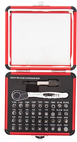 Sunex 9726 Mini Ratchet and Bit Set, 1/8-Inch - 1/4-Inch S2 Bits, 5/64-Inch - 1/4-Inch hex bits, 38-Piece Silver