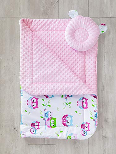 LOOLAY Babydecke Baumwolle 80x100 cm – Kuschelig weich und Warm – Zweiseitig aus Baumwolle und Minky Fleece – Oeko-TEX Zertifiziert – Decke für Kinderwagen (Eule weiß/Minky rosa B)