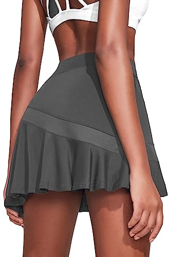 Ekouaer Womens Tennis Skirt Pleated Athletic Skirts with Shorts Pockets High Waisted Golf Skort for Workout Pickleball,Dark Grey XL