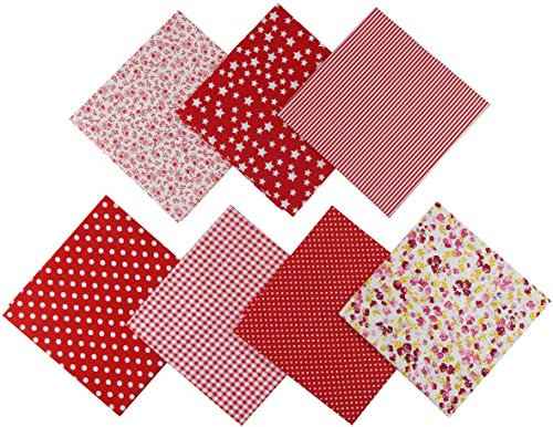 Jukway 7 Stück Baumwollstoff 50 x 50 cm Quadrate Patchwork Stoffe zum Nähen Quilten DIY Dekoration Basteln Handwerken, Reine Baumwolle Stoff Bedruckte Verschiedene Muster Stoffpakete (Rot)