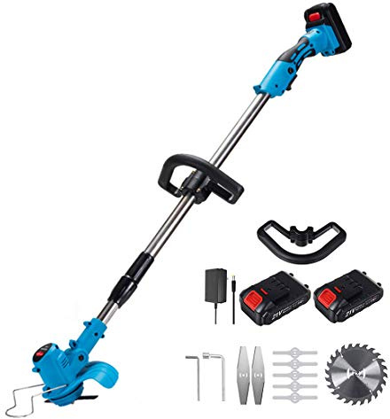 XHJL Desbrozadoras Multifunciones 2*Bateria 21V Cortacesped Electricos Telescopico Recortador De Cesped 18000RPM Bordeadora De Cesped-De Hierba Ancho De Corte 15 Cm(Azul)